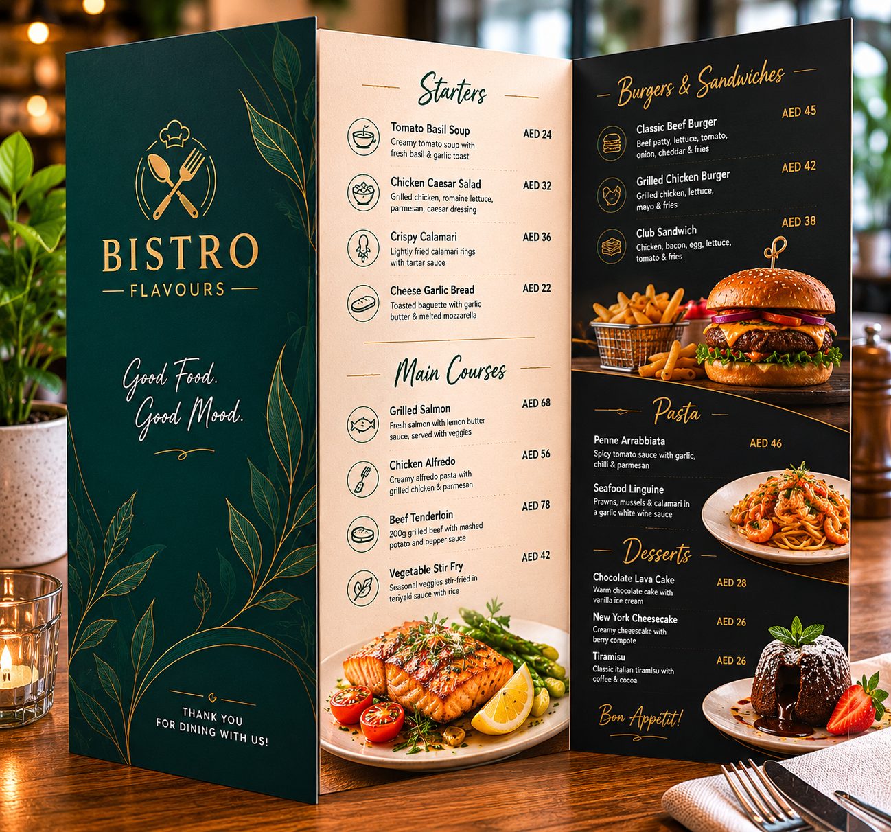 A folded restaurant menu standing on a dining table, warm elegant design with priced dishes