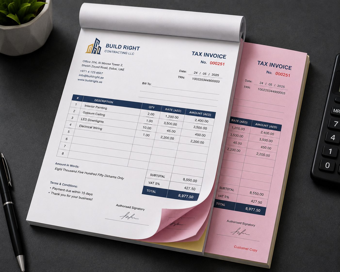 An open carbonless NCR invoice book showing a white top sheet and pink copy, numbered, on a desk