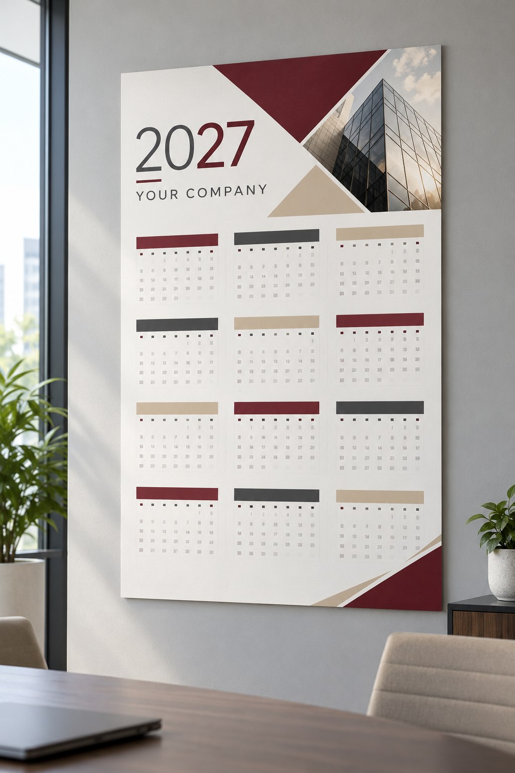 Illustrative burgundy, charcoal and sand 2027 corporate wall calendar displayed in a professional meeting room