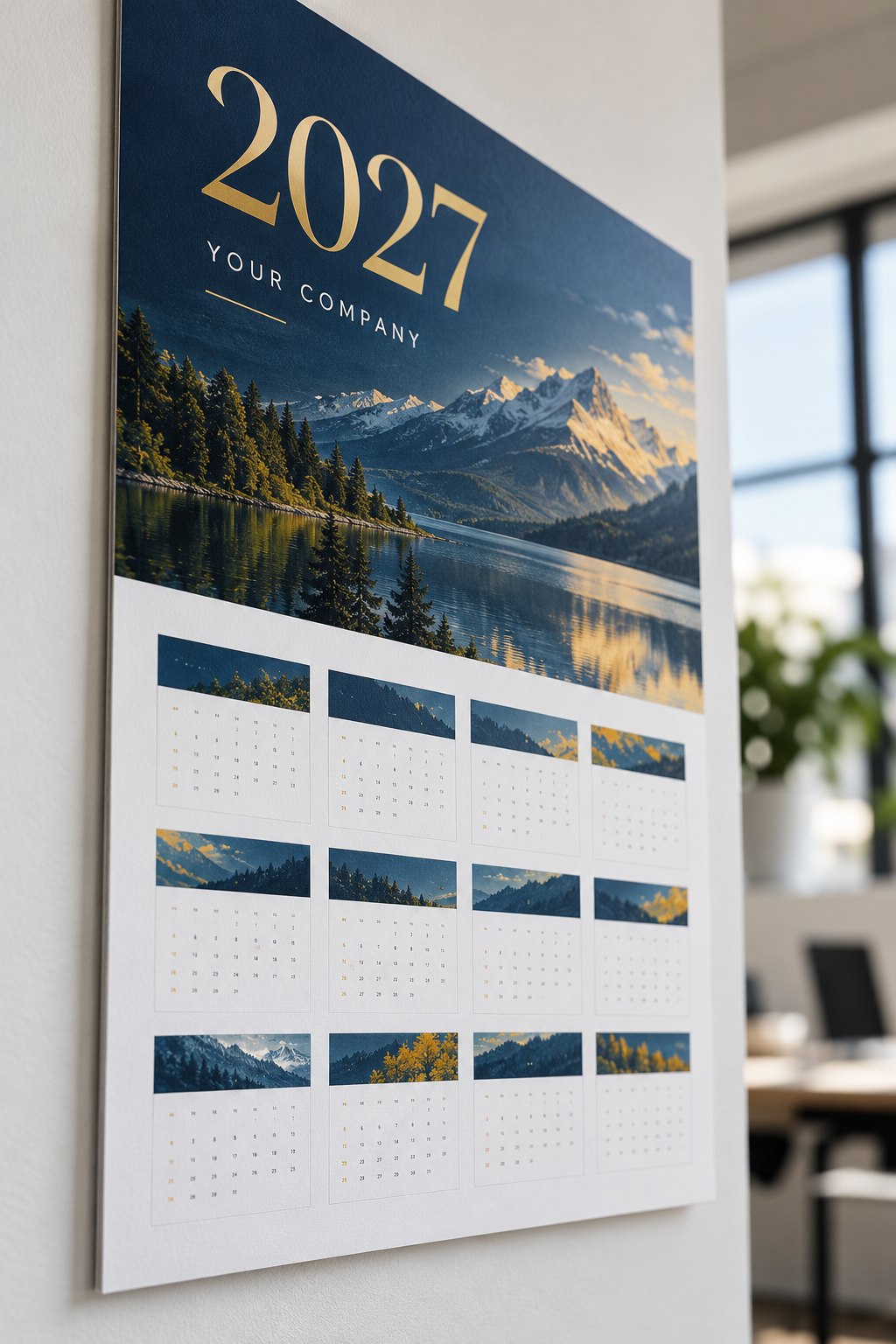 Close-up illustrative sample showing the sturdy card, matte print texture and crisp colour reproduction of a premium 2027 wall calendar