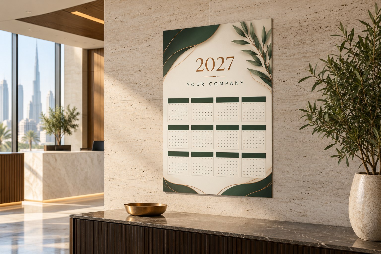 Illustrative green and cream 2027 corporate wall calendar displayed in a modern UAE office reception