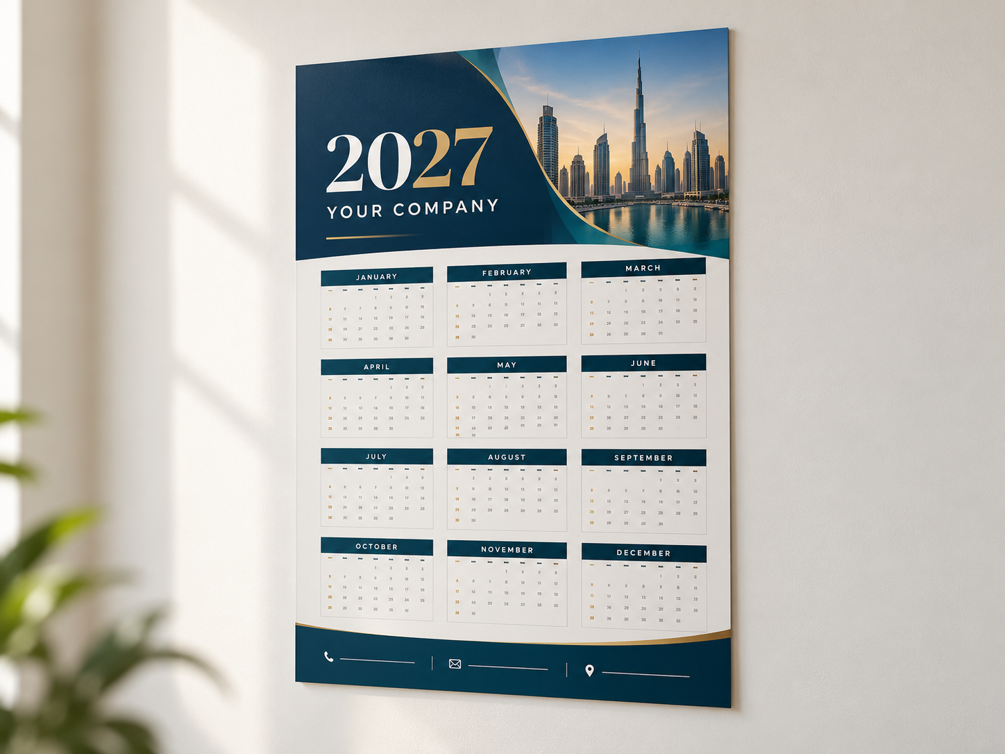 Illustrative sample of a premium 2027 single-sheet corporate wall calendar in navy, teal and gold, mounted on a clean office wall with generic Your Company branding