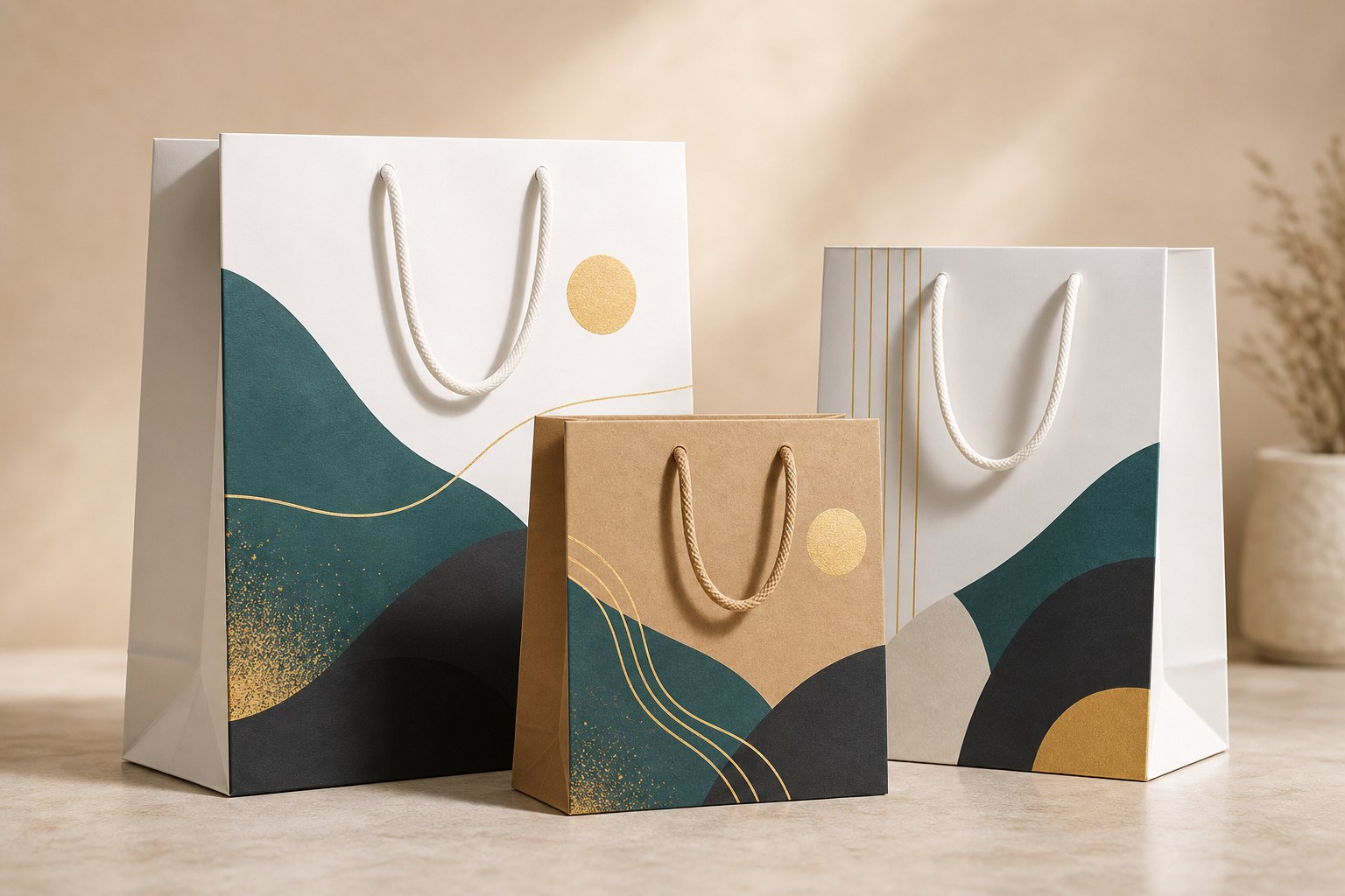 Matching branded retail paper bags with rope handles