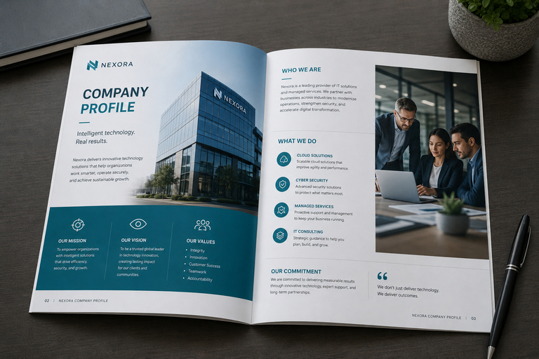 A premium stapled company-profile booklet open to a double-page spread with imagery and text columns, resting on a modern office table