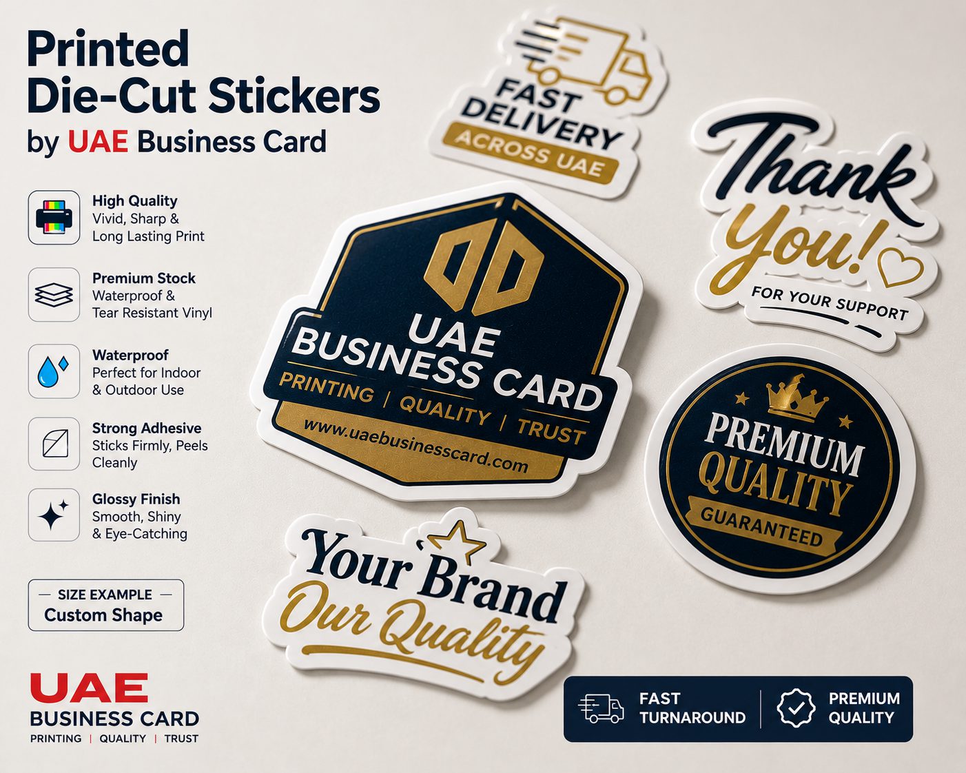 Printed Die-Cut Stickers by UAE Business Card — die-cut stickers, close-up showing quality, stock and finish