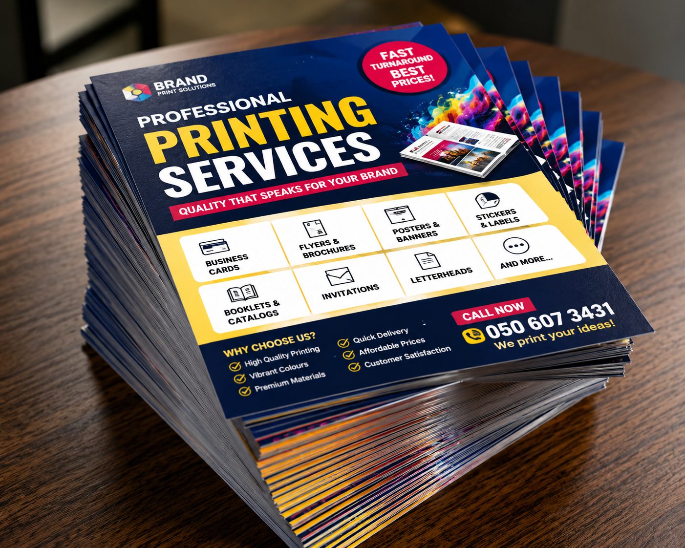 A tall stack of glossy A5 promotional flyers on a table, vibrant colour, slightly fanned at the top