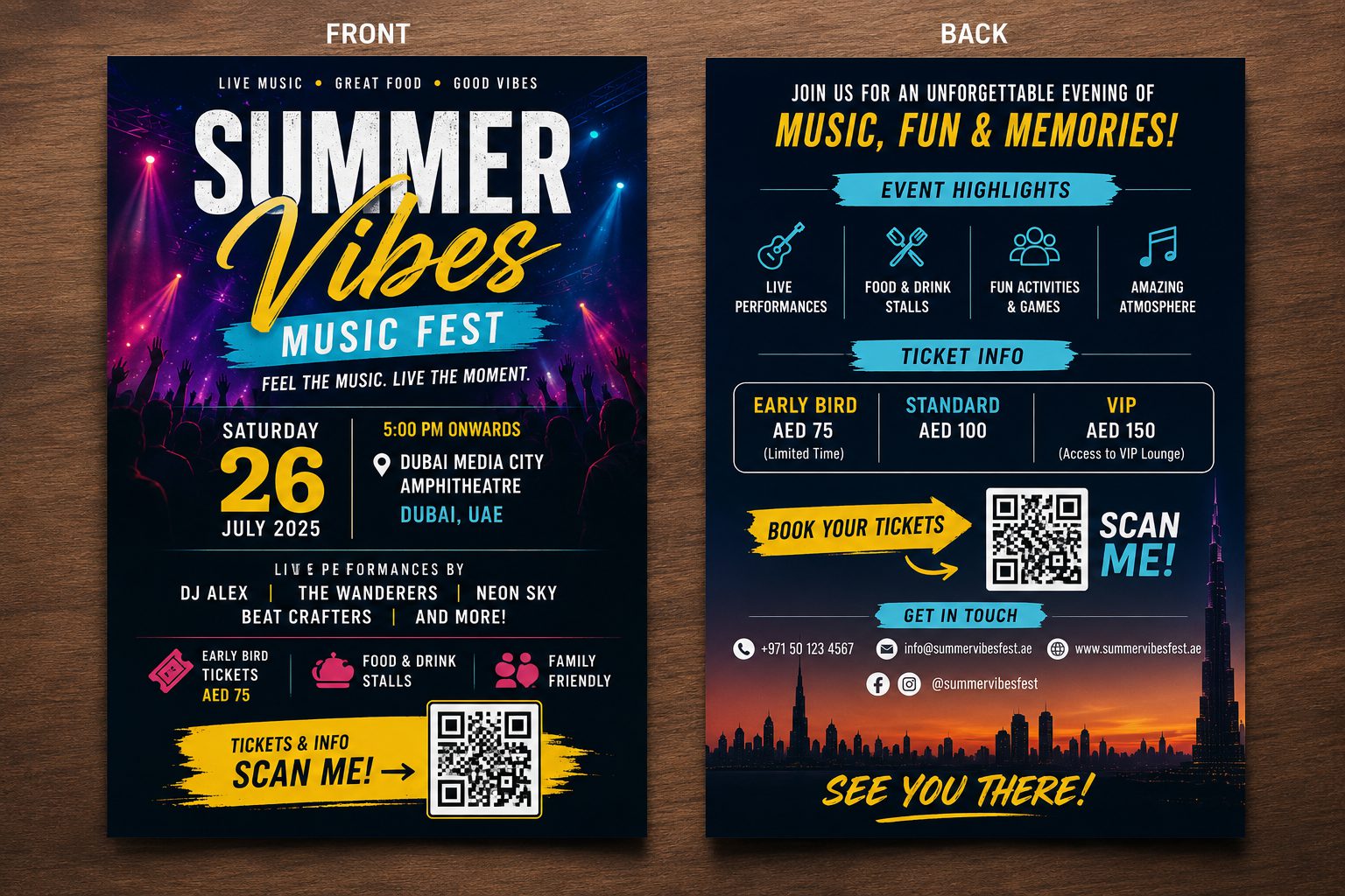 An event flyer shown front and back to demonstrate double-sided printing, bold typography and a QR code