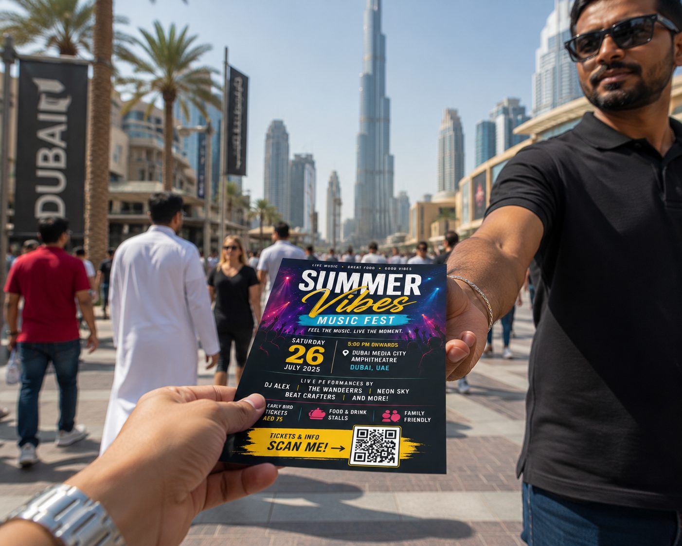 A hand giving out a printed A5 flyer at a busy Dubai street location in bright daylight