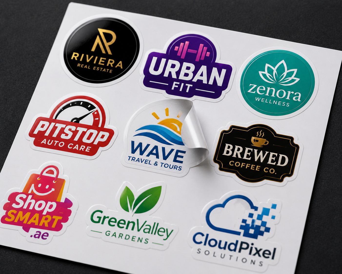 Colourful custom brand stickers printed on glossy material