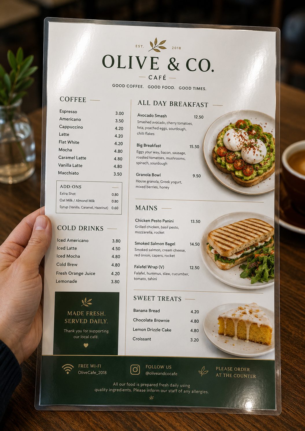 A glossy laminated A4 single-sheet cafe menu held in one hand, wipe-clean surface catching the light, neat sections for coffee and food with prices