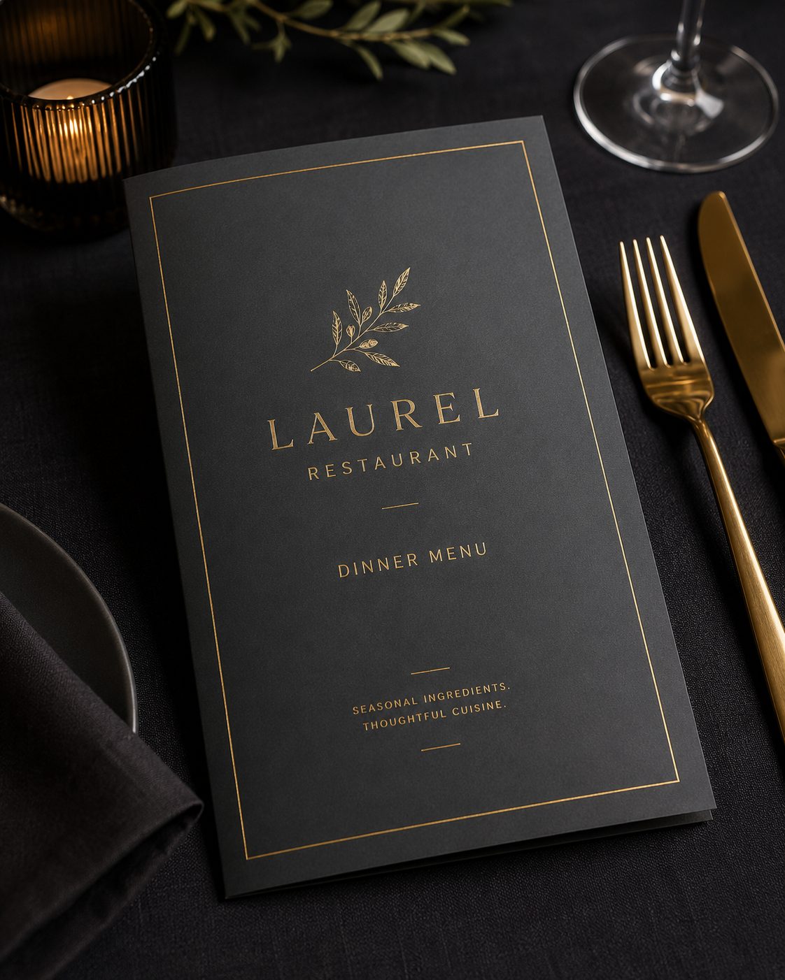 A premium soft-touch folded dinner menu on thick card resting on a dark linen tablecloth beside cutlery, fine-dining presentation with gold accents