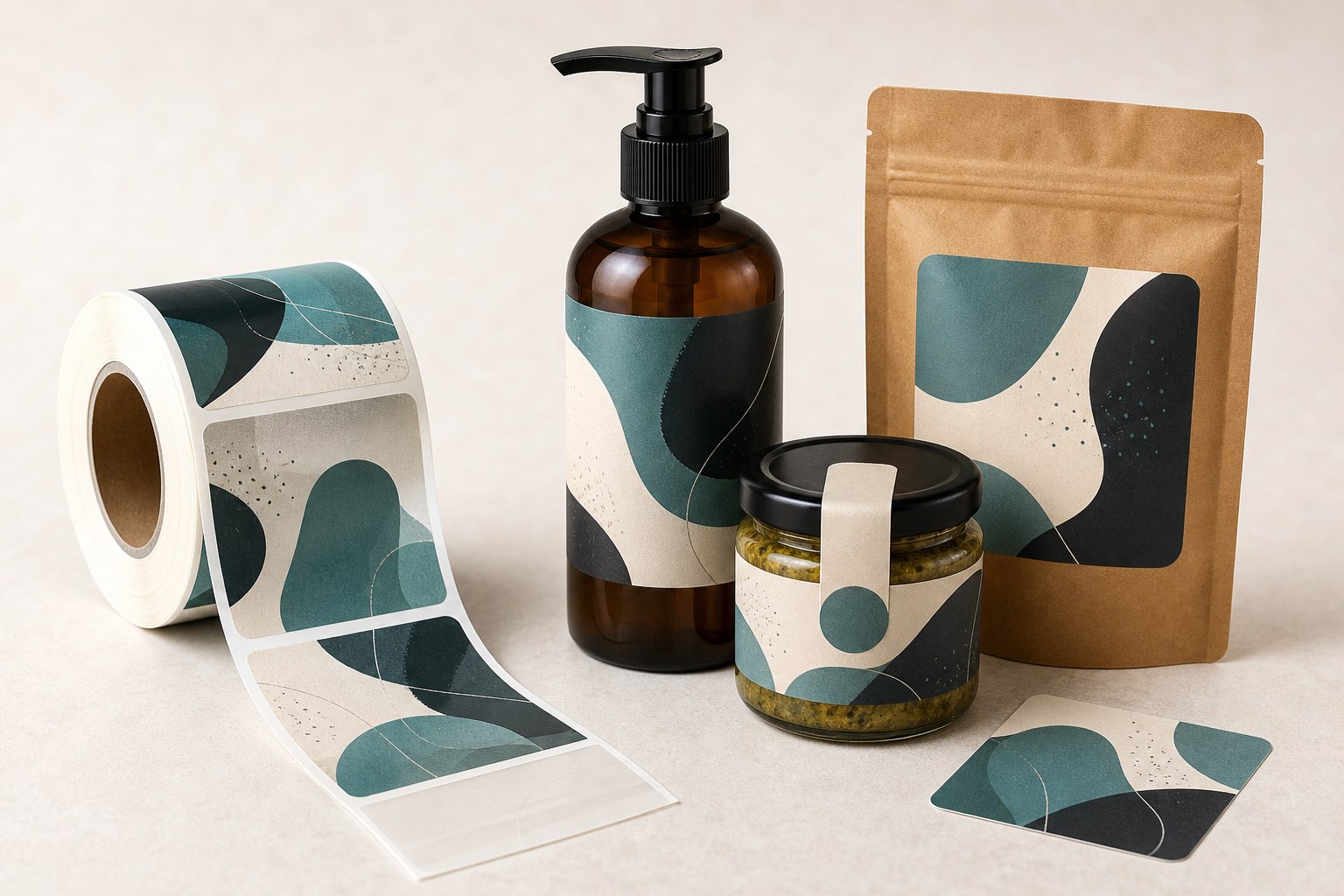 Printed roll labels and packaging labels in coordinated materials