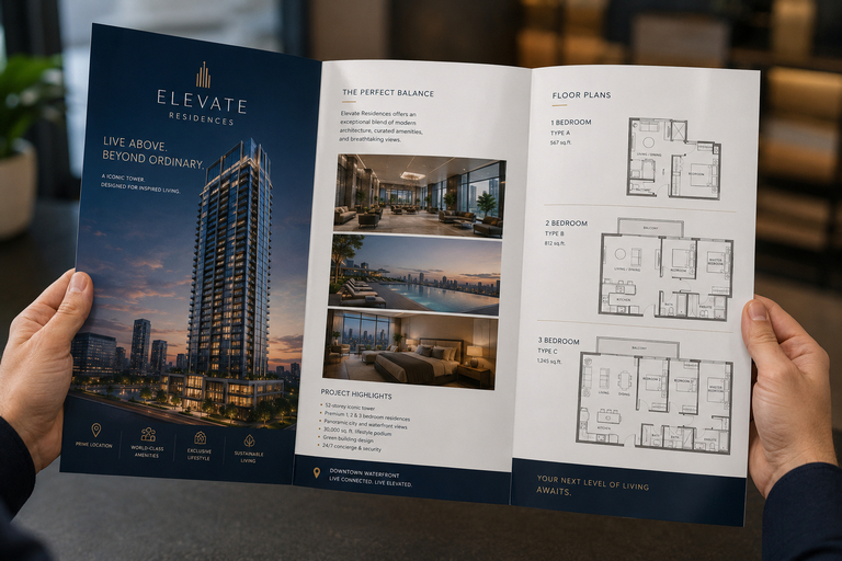A glossy real-estate project brochure showing a rendered tower and floor plans across a folded spread, held in two hands, high-end property marketing look