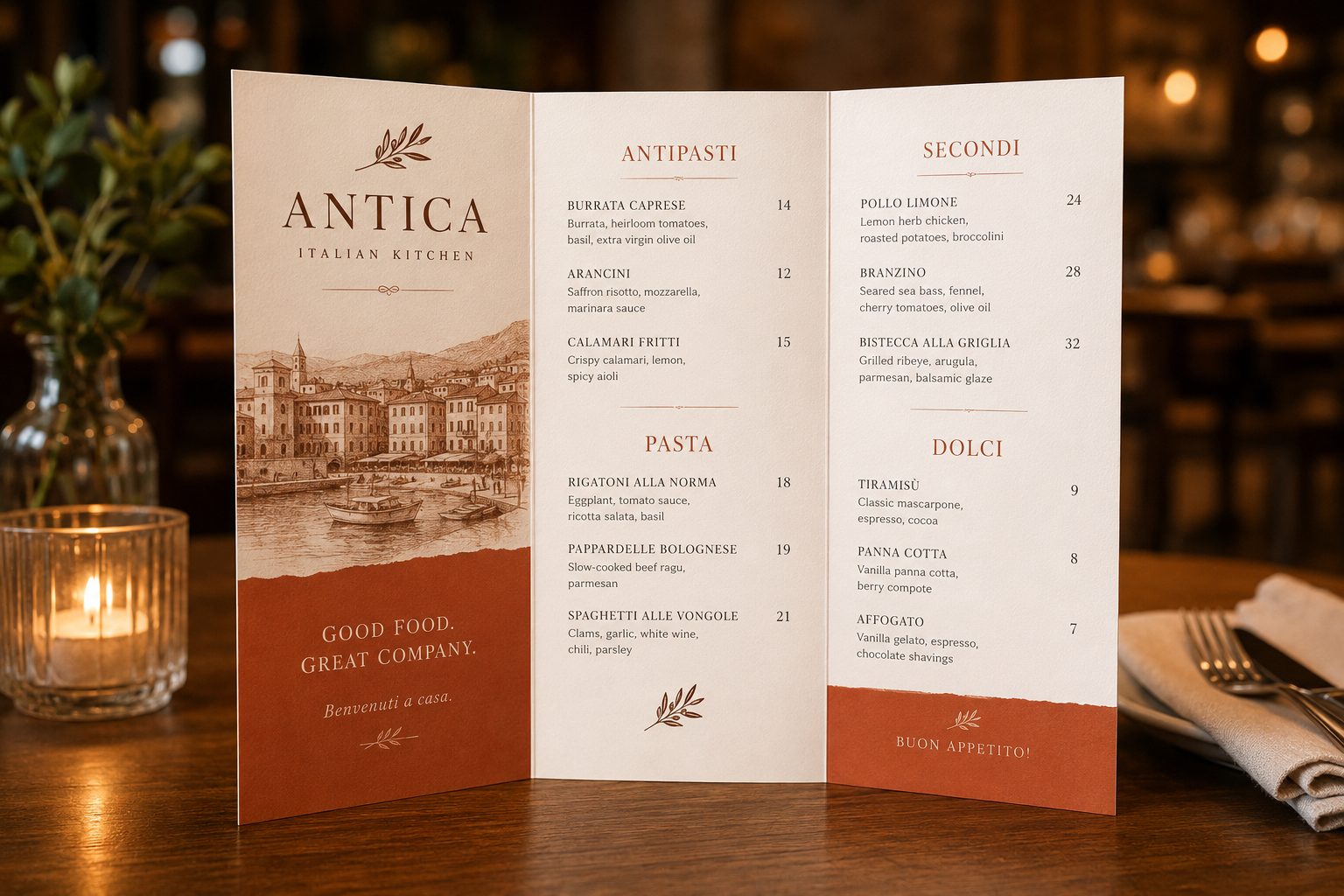 A printed tri-fold restaurant menu standing on a wooden dining table, warm terracotta and cream design with elegant serif headings and clearly priced dishes, soft restaurant lighting