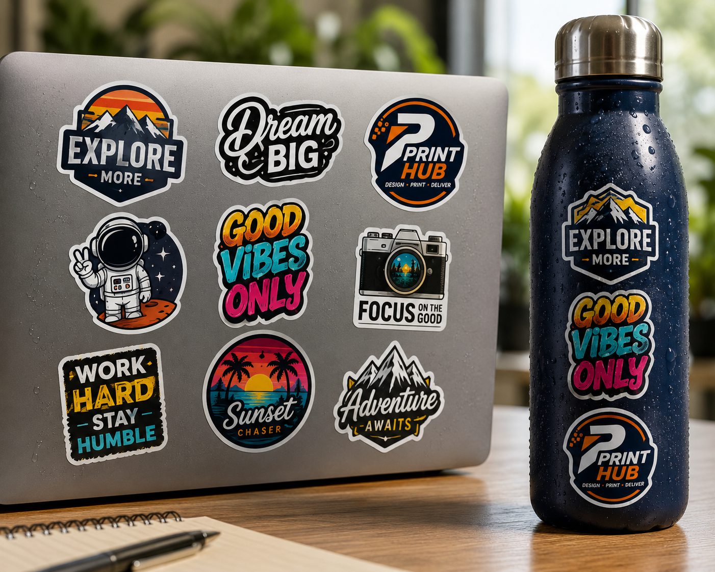 Custom vinyl stickers applied to a laptop lid and a steel water bottle, showing waterproof durability and vivid print