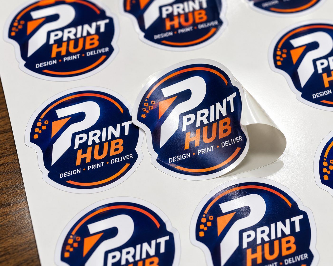 A printed sheet of die-cut logo stickers in bright brand colours on glossy vinyl, one sticker partly peeled up