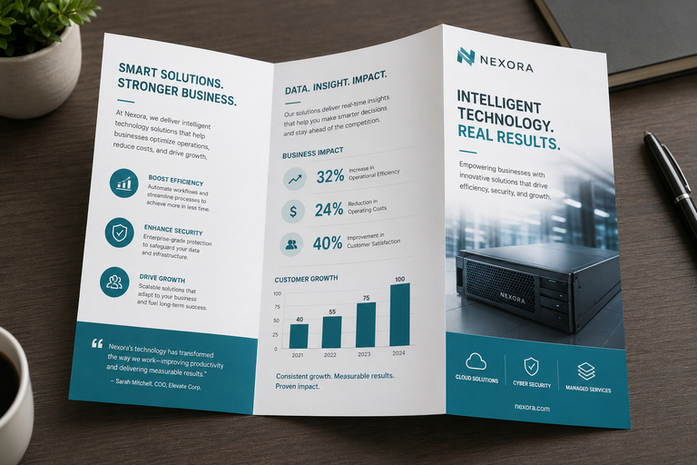 A printed tri-fold corporate brochure partly open on a desk, clean teal and white layout with bold headings, charts and a product photo, professional business aesthetic
