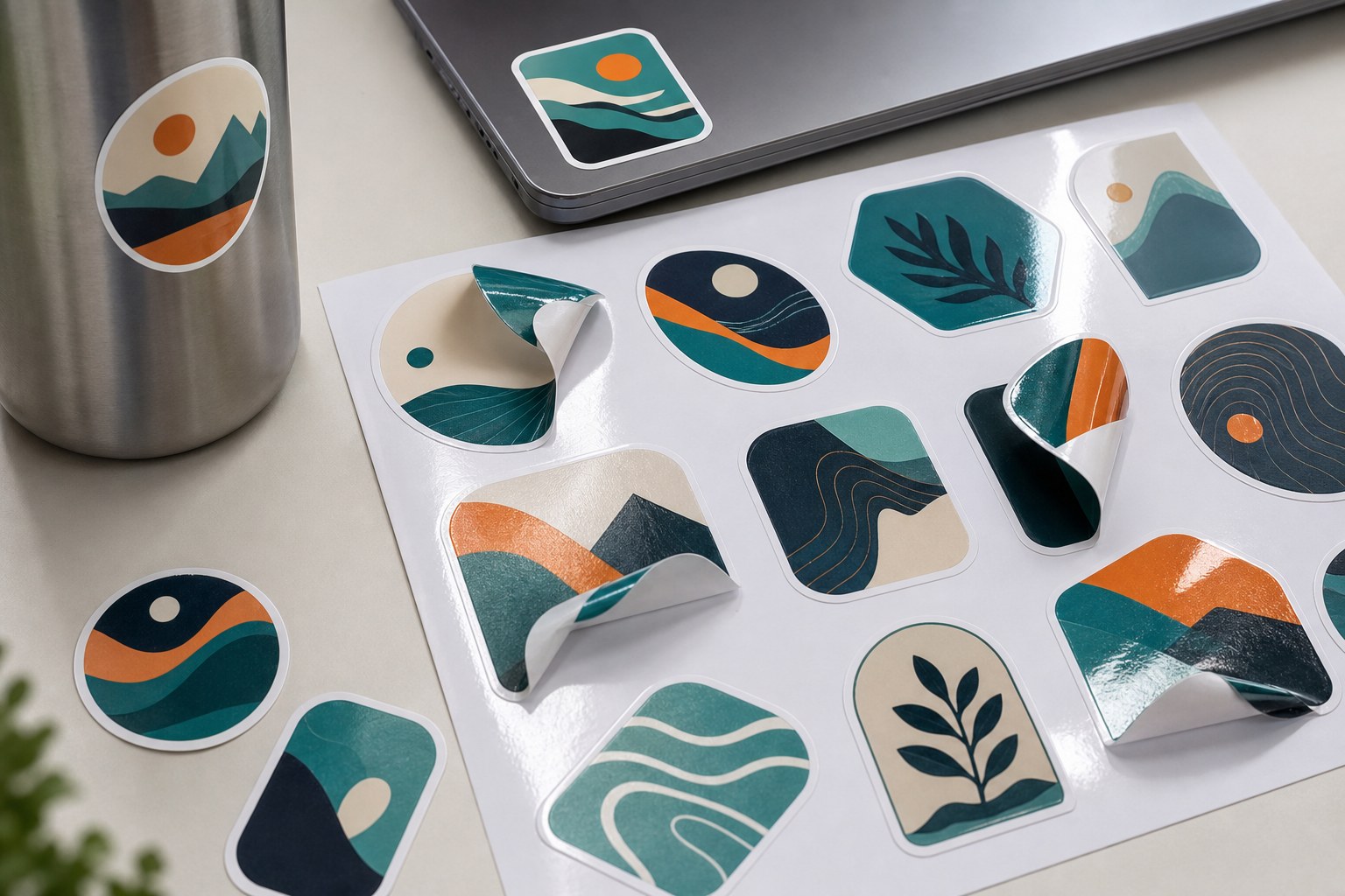 Glossy die-cut waterproof vinyl stickers on a printed sheet and applied to a bottle and laptop